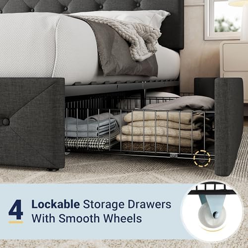 Allewie Full Size Storage Bed Frame with 4 Underbed Drawers, Upholstered Platform Bed with Adjustable Headboard, Diamond Button Tufted, Easy Assembly, Noise-Free, No Box Spring Needed, Dark Grey