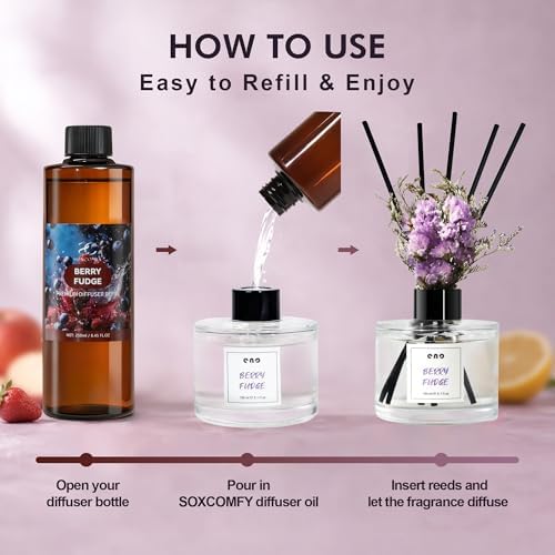 Diffuser Oil Refill, 250ml / 8.45 fl oz, Berry Fudge - Reed Diffuser Oil Refill for Home Fragrance, Scented Oil for Reed Diffuser Bottles, Apple, Strawberry & Caramel Notes