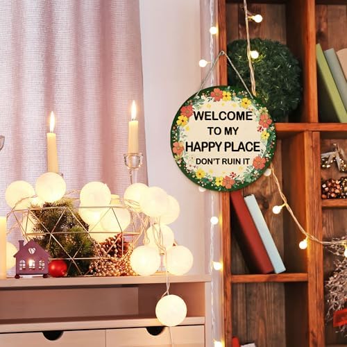 PHAMTE Welcome to My Happy Place Don't Ruin it Floral Round Wreath Sign, Cottagecore Botanical Wall Hanging Plaque Wood Sign, Farmhouse Decor Decorations for Wall Pediments Door Porch Garden 12 Inch