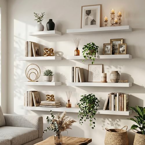 55 Inch Floating Shelves for Wall, 8"D Wood Storage Shelves, White Finish