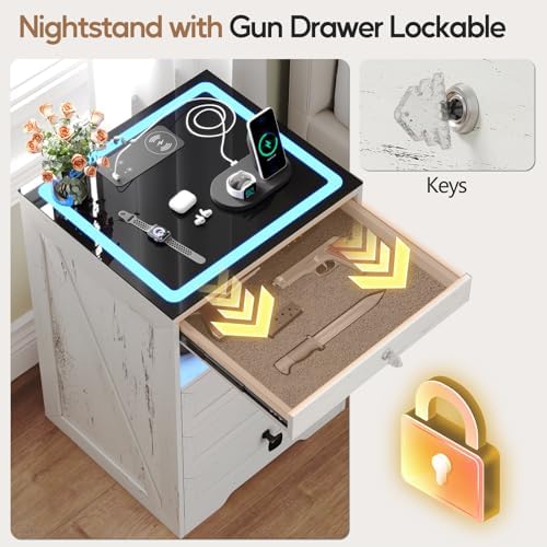 Nightstand Set 2 with Lockable Gun Drawer,Farmhouse Bedside Table with Charging Station and 3 LED Lights, Modern Night Stand with 3 Drawers,Glass Top End Side Table for Bedroom（White）