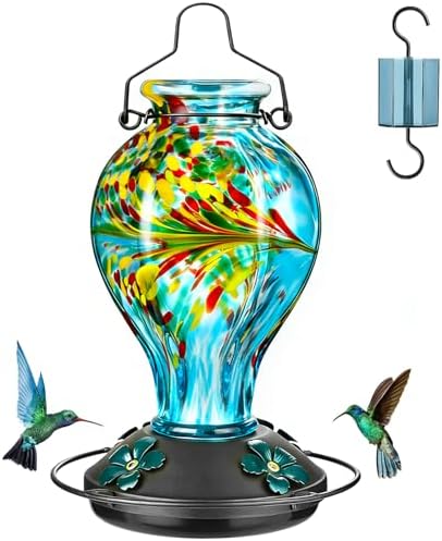 Hand Blown Glass Hummingbird Feeders for Outdoors Hanging, 24oz Wild Bird Nectar Feeder with Ant Moat and Perch, Bee-Resistant Ports, Garden Decor, Gifts for Women Mom, 1 Pack, Blue Phoenix