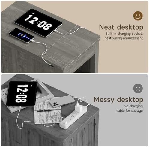 ONBRILL Farmhouse End Table with Charging Station,Grey