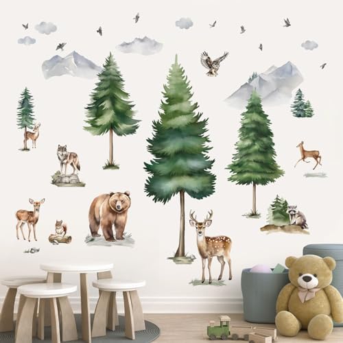 wondever Mountain Pine Trees Wall Decals Woodland Animals Wall Stickers