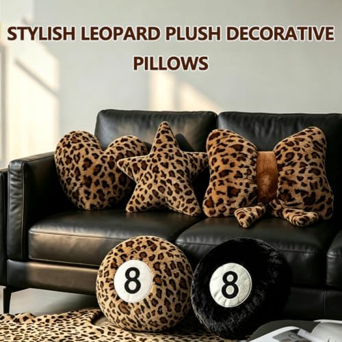 Leopard Print Star Pillow Cheetah Decorative Throw Pillow 15.7 inch Soft Faux Fur Star Shaped Pillow Cushion for Bed, Sofa, Couch, Bedroom & Living Room