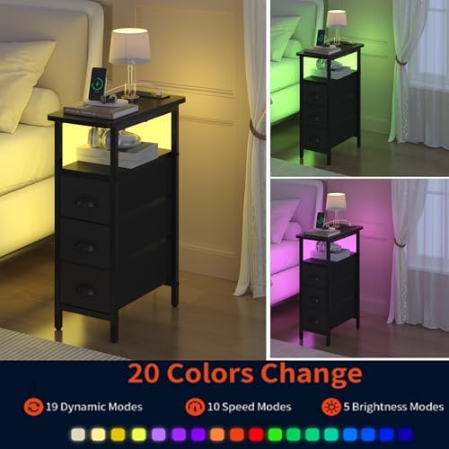 shtmec Narrow End Table Set of 2 with Charging Station, LED Side Tables Set 2 with Fabric Drawers, Small Bedside Tables Nightstands for Small Space, Slim Sofa Couch Table for Livingroom,Black