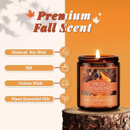 Fall Candle, Spiced Pumpkin Scented Candles for Home, Natural Soy Autumn Candle Aromatherapy Candle, 7 oz Jar Candles Fall Gifts for Women Men