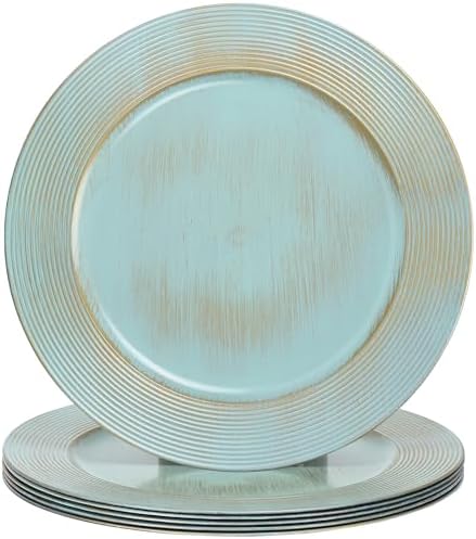 13" Round Charger Plates, 6 pack Ring Pattern Plastic Chargers for Dinner Plates, Vintage Charger Plate Set Bulk Wedding, Turquoise