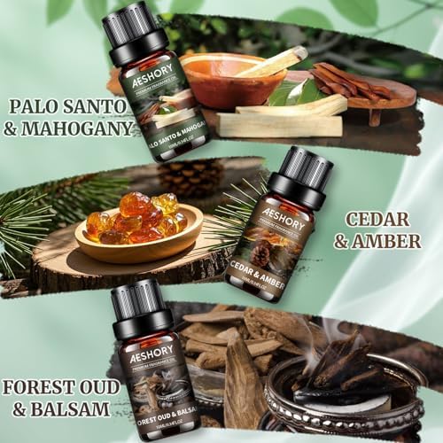Wood Essential Oils Set, Woody Scent Fragrance Oil Kit, Aromatherapy Oils for Diffusers (6 * 10ML), Sandalwood &Vanilla, Forested Fir,Palo Santo&Mahogany,Cedar & Amber, Oud &Balsam,Hickory&Suede