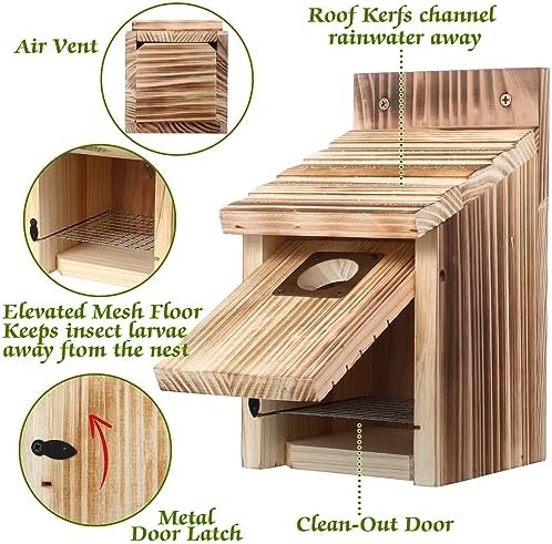 Dreyoo 4 Pack Bluebird Houses for Outside with Metal Predator Guard, 1-1/2" Entrance Hole Wooden Blue Bird Houses for Outdoors, Bluebird Nesting Box(Light Burnt Wood)