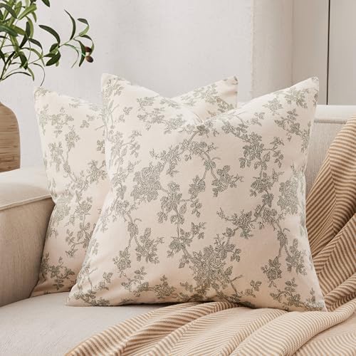 2 Pack French Floral Throw Pillow Covers 24x24in, Green/Cream