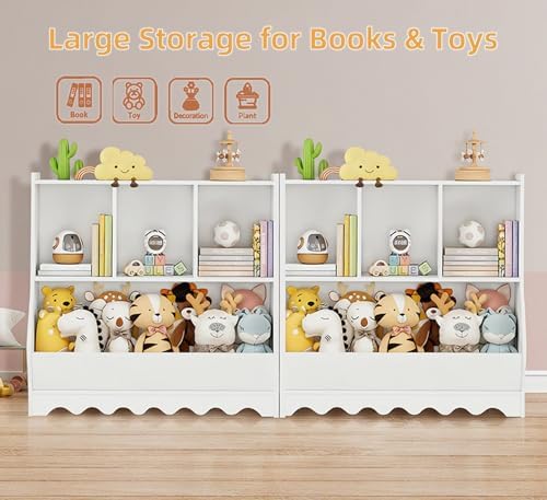 Wood Kid Storage Cubby, Toy Storage Organizer with Bookshelf, 32" L x 15" D x 31" H Montessori Toy Shelf, Nursery Book Shelves, Wooden 4-Cubby Children Book Shelf for Playroom Classroom