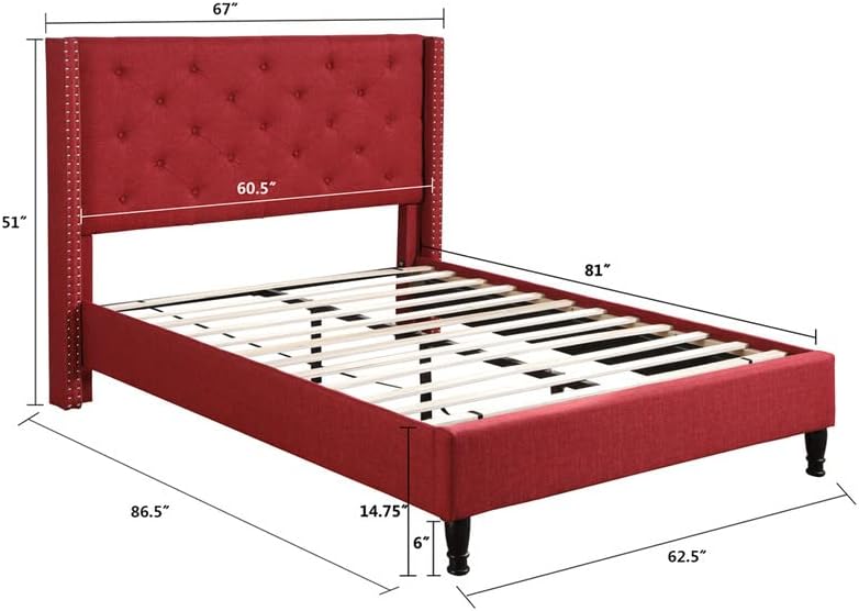 Full Upholstered Platform Bed Frame with 51" Tall Headboard - Button Tufted Cloth Bed - Wood Slat Support with Storage Space - No Box Spring Needed - Easy Assembly - Burgundy - Oliver & Smith - Astor