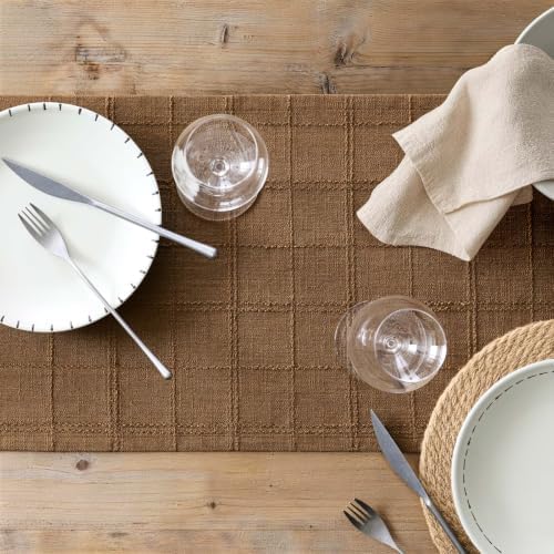 ZeeMart Linen Checked Farmhouse Table Runner, 13x90 Inches Roasted Brown