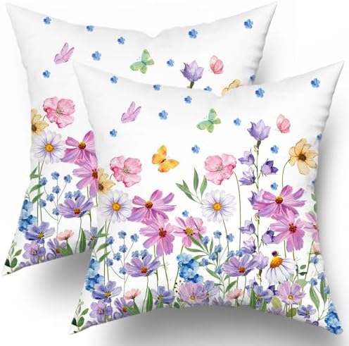Watercolor Floral Pillow Covers 18x18 Inches Set of 2 Spring Summer Wildflower Butterfly Cotton Cushion Covers for Home Home Sofa Couch