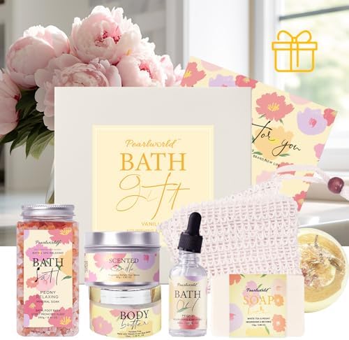 Spa Gift Set for Women, Peony 9 Pcs Bath Salts Set, Relaxation Gifts for Women, Self Care Set, Clean Moisturizing Skin, Gifts for Mom, Wife, Sister, Friend