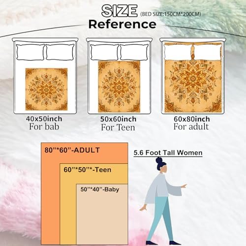 Vintage Mandala Blanket,Boho Gold Floral Flannel Throw Blankets Gifts for Autumn Art Lovers,Women Soft Lightweight Decorative Cover for Couch Sofa Bedroom Travel,Home Accent,60×80 Inch