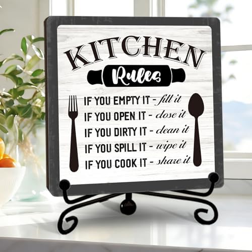 DETIHO Farmhouse Kitchen Decor, Rustic Kitchen Rules Sign Counter Decor