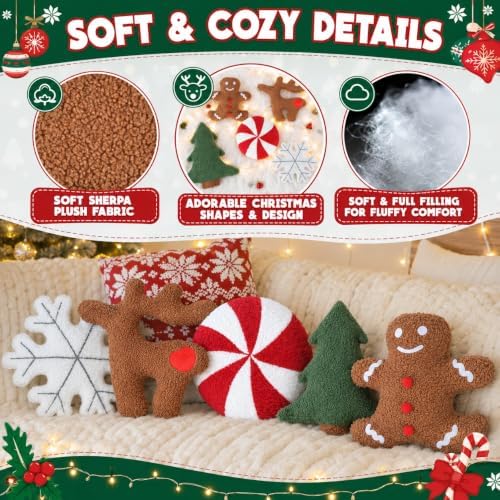 Cumule 5 Pcs Christmas Throw Pillows Cute Xmas Tree Candy Gingerbread Reindeer Snowflake Shaped Plush Pillow for Christmas Winter Holiday Party Outdoor Bedroom Cushion Decoration