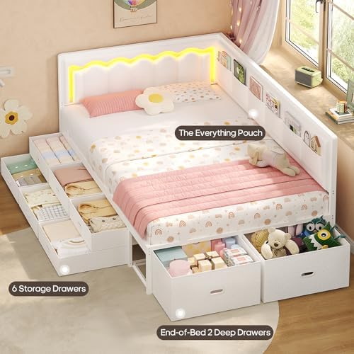 ADORNEVE Twin Corner Bed Frame with 8 Storage Drawers and LED Lights,White