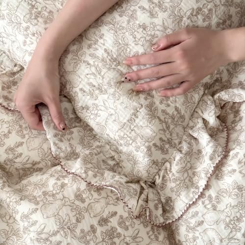 BuLuTu Forest Rabbit Print Duvet Cover Twin, Muslin Cotton Comforter Cover, Boys Girls Quilt Cover with Ruffles, Shabby Chic Kids Bedding Set for All Seasons, Zipper Closure,4 Corner Ties