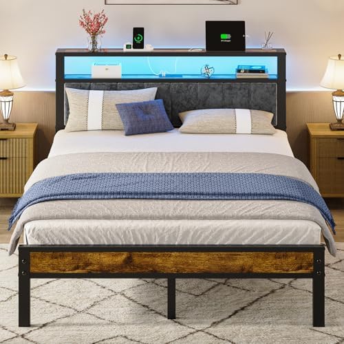 Liians Queen Size Bed Frame with 2-Tier Storage Shelf Headboard, LED Lights