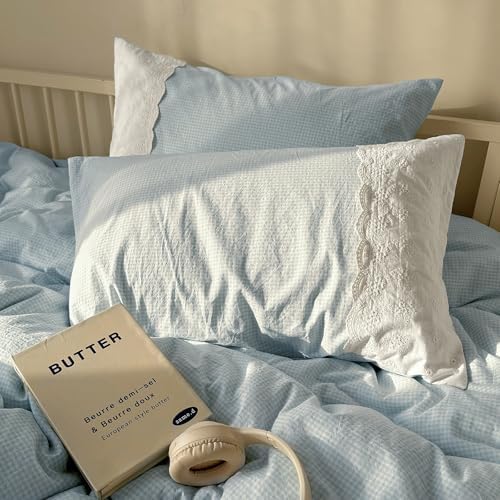 mixinni Blue Gingham Duvet Cover Full Size - 3 Piece Cottagecore Plaid Bedding Set with Lace Trim, Soft Washed Microfiber Vintage Aesthetic Grid Comforter Cover & Pillow Shams, (Blue White Gingham)