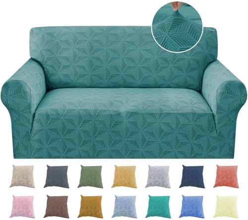 YEMYHOM 1 Piece Stretch Couch Covers for 2 Cushion Couch, Jacquard Loveseat Cover with Non-Slip Elastic Bottom, Thickened Slipcover Furniture Protector for Dogs Pets (Medium, Peacock Blue）