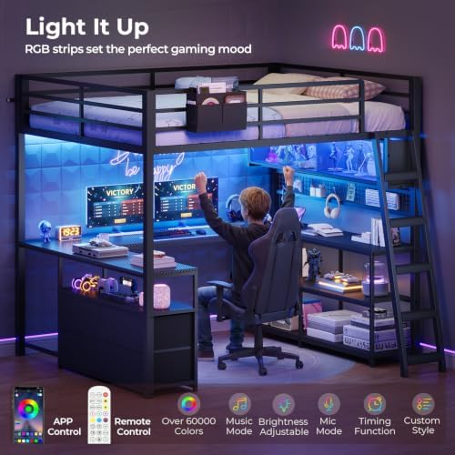 ADORNEVE Gaming Loft Bed Full Size with U-Shaped Desk & RGB Cabinet, Black