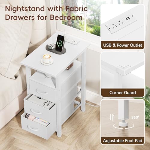 Vagusicc Set of 2 White Nightstand with Charging Station and LED Lights, Narrow End Table, LED Night Stand with 3 Fabric Drawers for Bedroom, Small Bedside Table, Narrow Side Table for Small Spaces