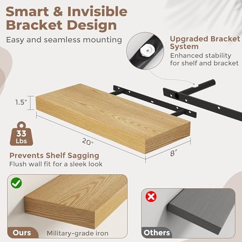 20 Inch Floating Shelves for Wall, 8"D Wood Storage Shelves, Oak Finish