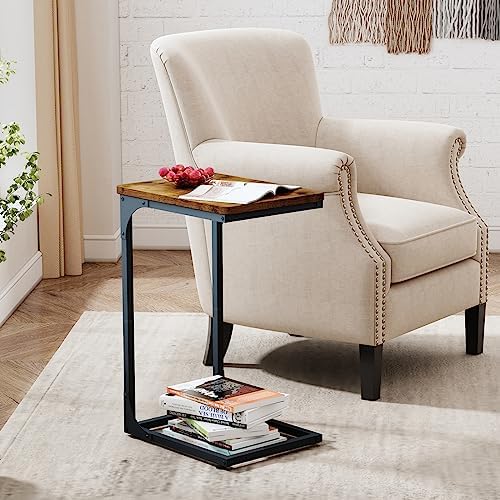 QEEIG C Shaped End Table Side Tables for Couch Set of 2, Brown