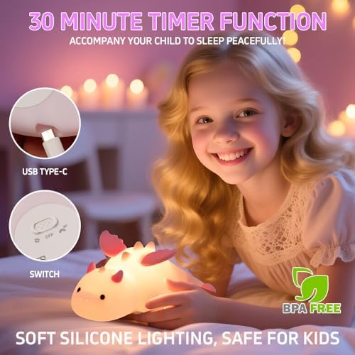 Cute Dinosaur Night Light, Squishy Silicone Dinosaur Lamp Rechargeable Light, Nursery Animal Touch Bedside Lamp, 3 Level Dimmable with 7 Color,Table Night Lamp for Room Decor Funny Gift for Boys Girls