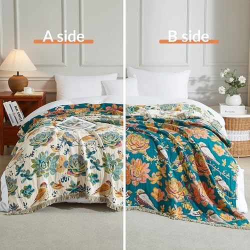 Boho Throw Blanket for Bed 90”x98”, 100% Cotton Blanket for Couch Sofa