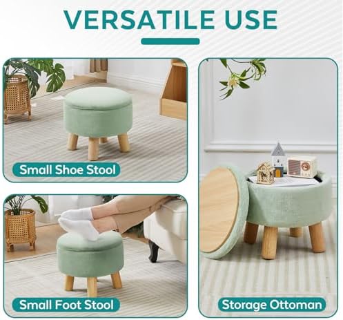 Small Foot Stool Ottoman with Storage, Soft Faux Fur Ottoman Foot Rest for Couch, Round Footstool with Storage, Small Ottomans and Footstools for Living Room and Entryway (Light Green)