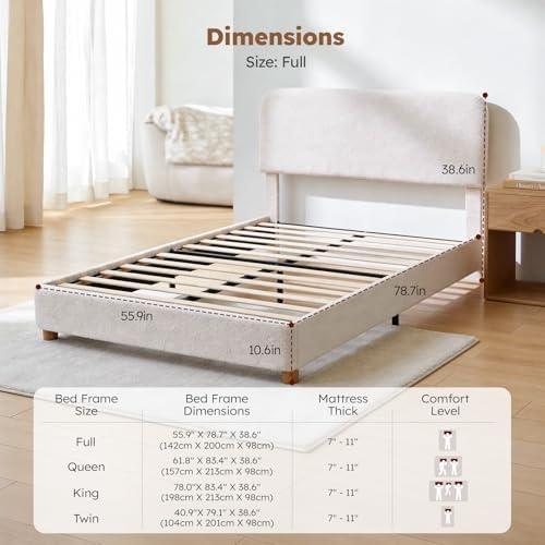 Full Size Cloud Bed Frame, Cream White Boucle Platform Bed, Upholstered