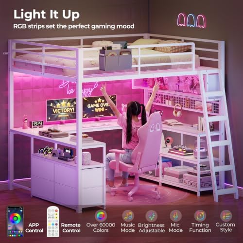 ADORNEVE Gaming Loft Bed Full Size with U-Shaped Desk & RGB Cabinet, White
