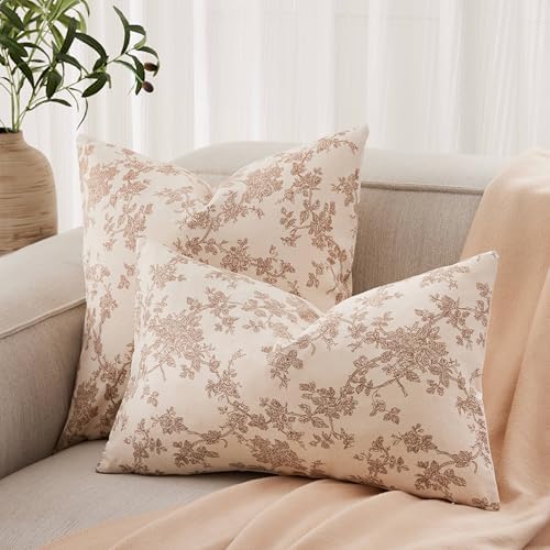 2 Pack French Floral Throw Pillow Covers 22x22in, Brown/Cream