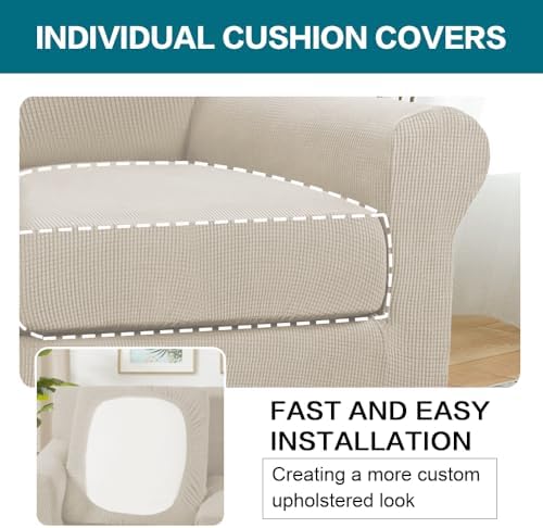 Turquoize 2 Piece Chair Covers Armchair Slipcovers for Living Room Armchair Sofa Cover with Individual Cushion Covers Feature Jacquard Fabric (Chair, Island Fossi)