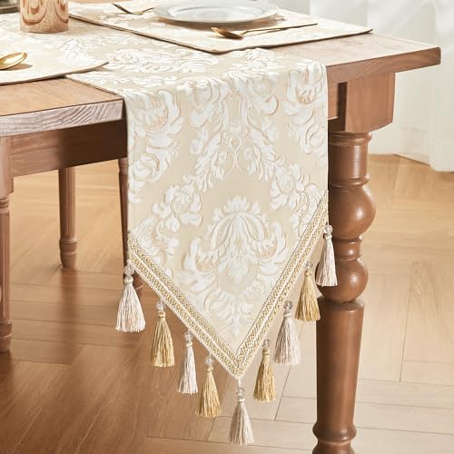 Loom and Mill Elegant Jacquard Table Runner 72 inches Long, Beige+White
