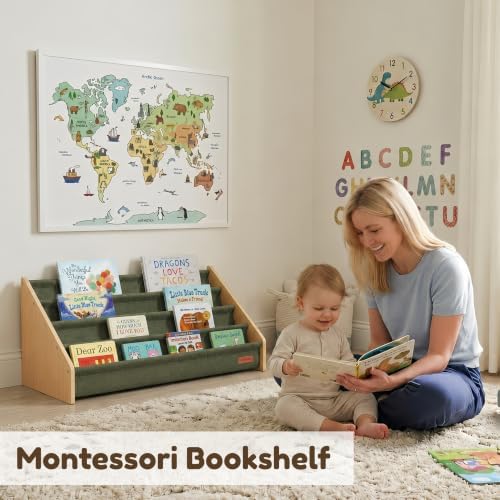 PERFNIQUE Montessori Kids Bookshelf, Wooden Front-Facing Baby Bookcase Organizer for Toddlers, 4-Tier Sling Decorative Book Rack with Deep Pockets for Kid Rooms, Nursery, Playroom & Reading Corner