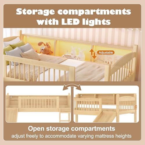 Bellemave Twin Loft Bed with Slide and Ladders, Solid Wood Low Loft Bed with Storage Shelves and LED Lights, Loftbed Frame for Kids, Boys, Girls, Childlike and No Box Spring Needed Design, Natural