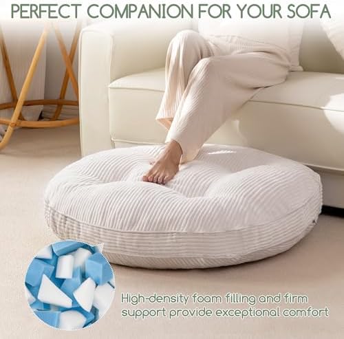HIGOGOGO 35" Floor Pillow Cushion for Adults, Meditation Cushion Pillow, Extra Large Square Floor Sitting, Tufted Corduroy Cover for Tatami Living Room or Yoga, Beige