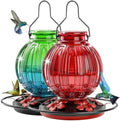 2 Pack Glass Hummingbird Feeder for Outdoors Hanging, Bird Nectar Feeder with Perch & 5 Flower Feeding Ports, 26 Oz Leak Proof for Outside Garden Decor Backyard, Gifts for Women Mom, Red + Green Blue
