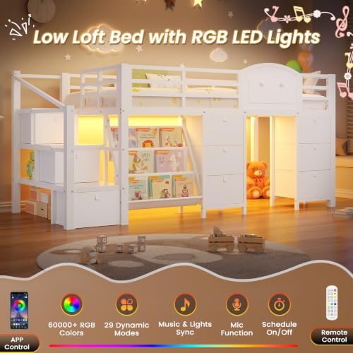 Low Loft Bed Twin Size with 9 Storage Drawers, Bookcase and LED Lights, Metal Kids Loft Bed with Stairs, Open Shelves and Safety Guardrail, Twin Loft Bed with Under-Bed Playhouse, Pure White