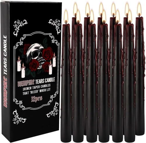 YOROXRG 12PCS 10-Inch Black Bleeding Taper Candles,Vampire Tears Taper Candles- Unscented Ideal for Halloween, Christmas, Rituals, and Themed Party Decor