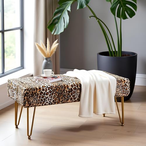 Leopard Print Rectangle Ottoman 46"x16"x22" Faux Fur Entryway Bench Footrest Stool Accent Seating Cheetah Furry Ottoman Bedroom Vanity End of Bed for Bathroom Living Room Decor