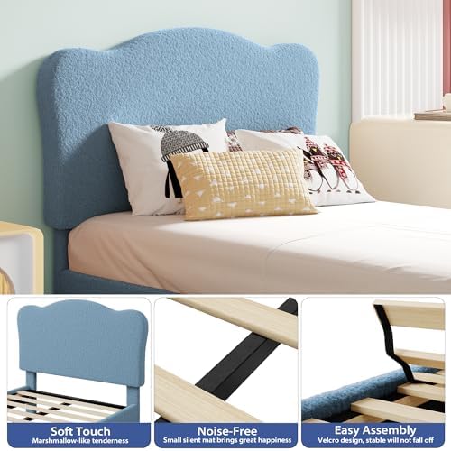 Garvee Upholstered Full Size Bed Frame for Kids with Scallop Headboard, Cute Velvet Full Bed for Girls, Boys, Sturdy Platform Bed, No Box Spring Needed, Wooden Slats, Noise Free, Blue