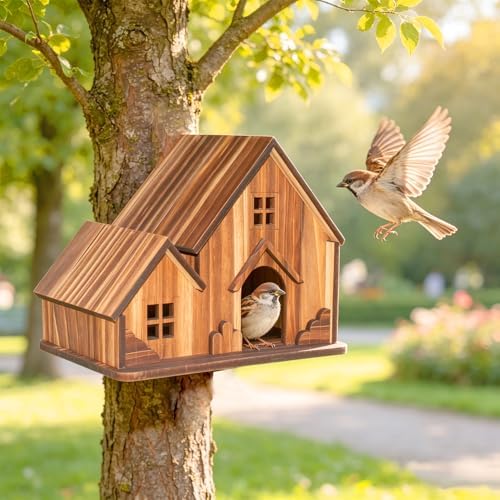 Bird Houses for Outside, Wooden Hanging Birdhouse with Spacious Space, Outdoor Bird Nest for Bluebirds, Finches, Yellow Finches, Garden Decorative