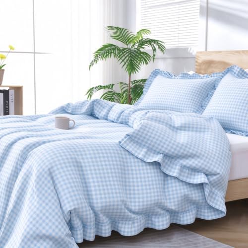Gingham Duvet Cover King Size, 3 Pieces Soft Breathable Microfiber Plaid Duvet Cover with Zipper Closure & 2 Pillow Shams, Ruffle Farmhouse Vintage Decor, Light Blue